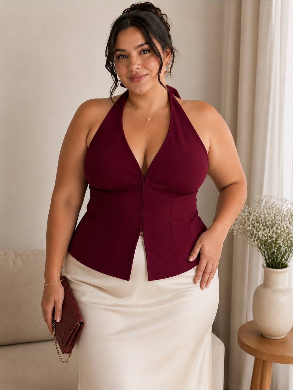 Sz XL Burgundy Corset Halter Top – Deep V Neck Y2K Going Out Top